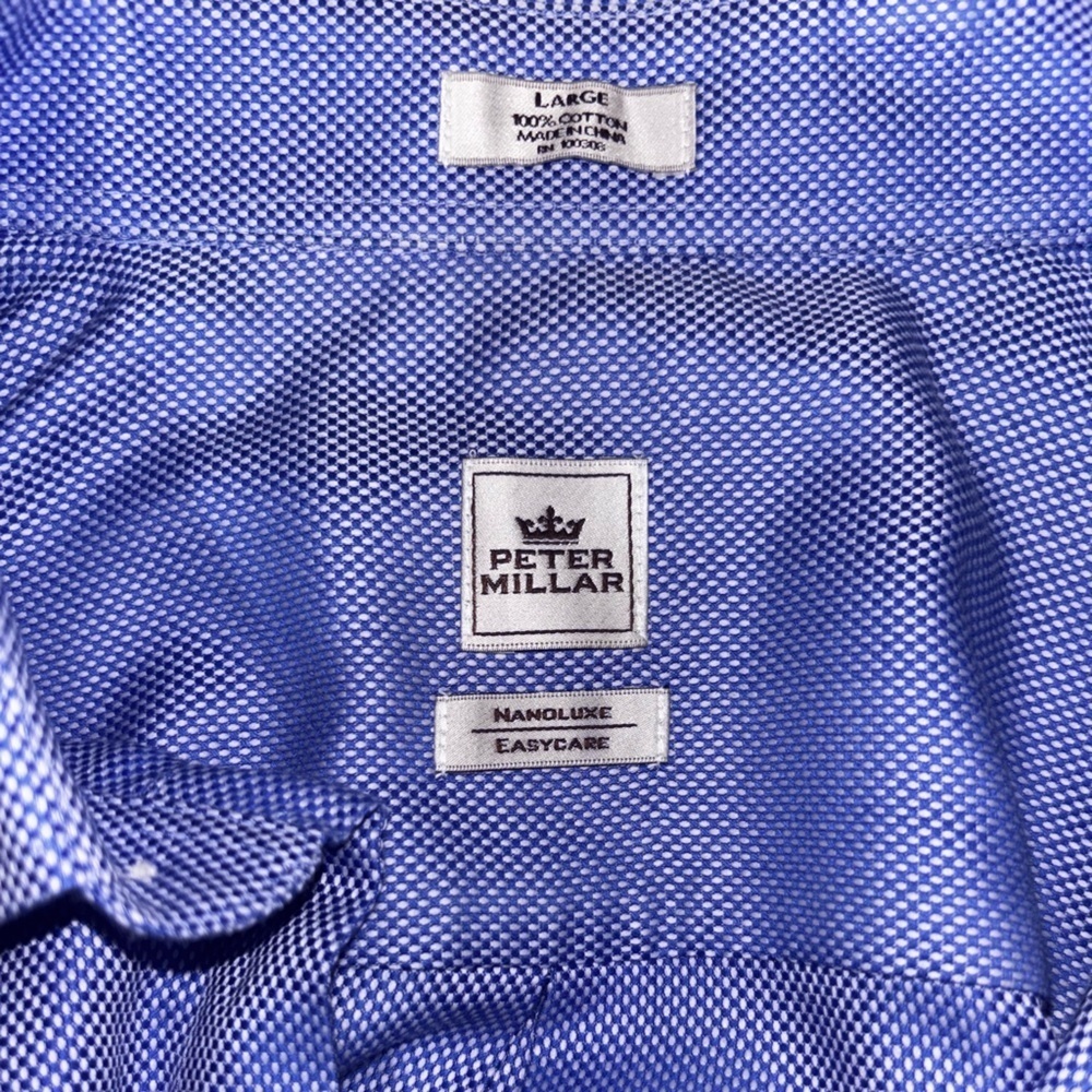 Peter Millar Nanoluxe Easy Care Button Down Shirt Blue White Plaid Mens L - Picture 6 of 6